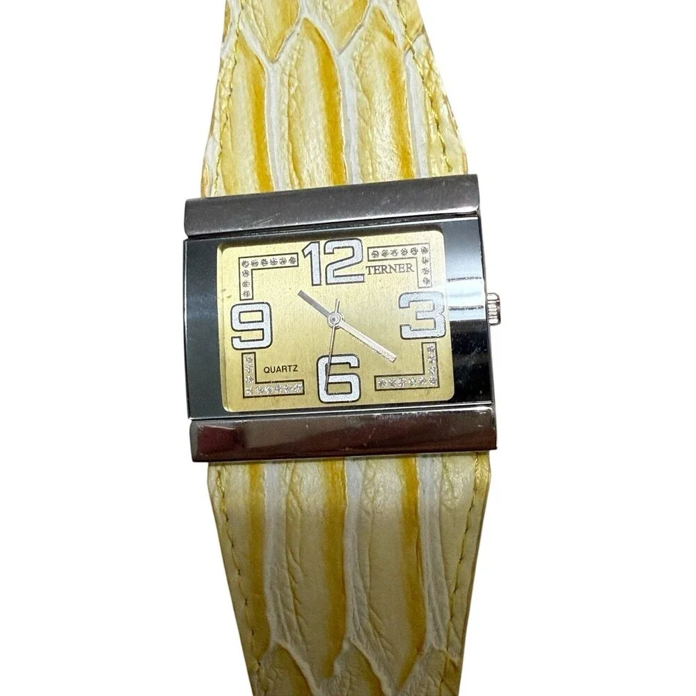 Bijoux Terner Yellow Faux Snakeskin Rhinestone Rectangle Quartz Watch